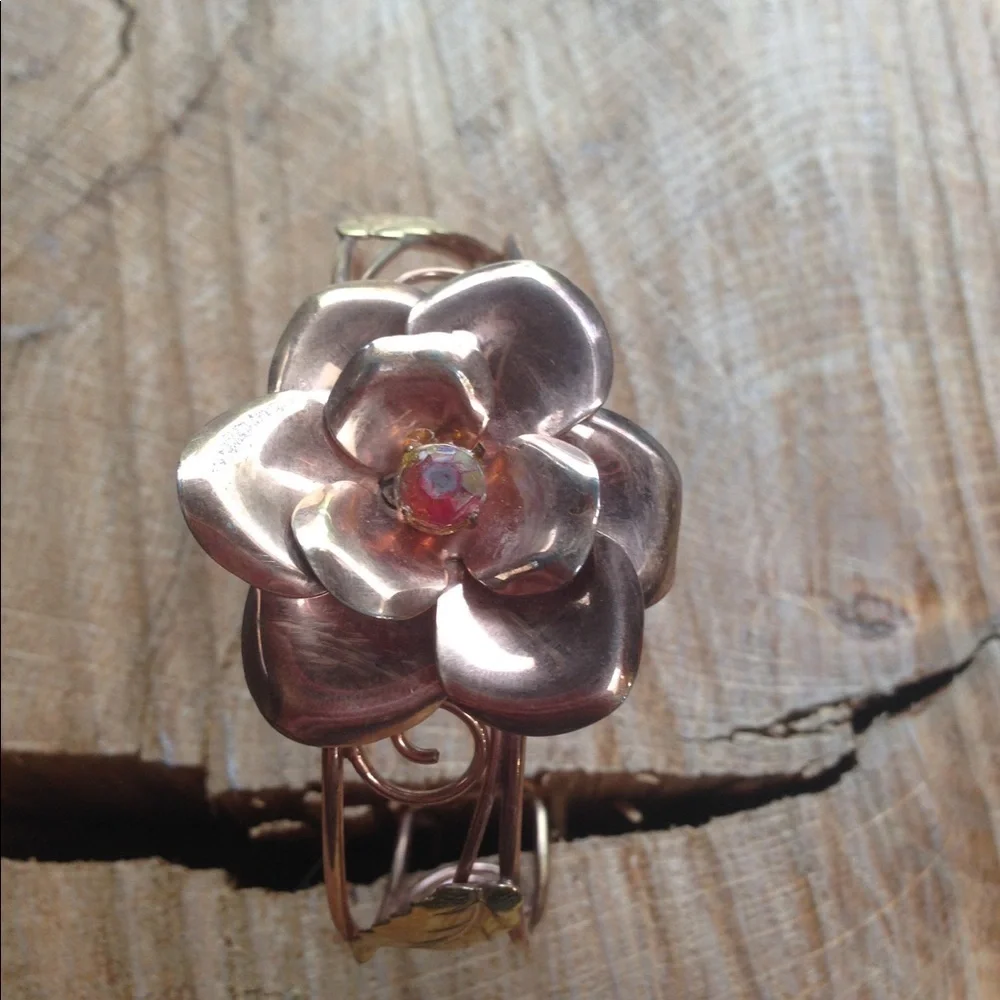 Vintage Rose Gold Tone Flower Cuff Bracelet